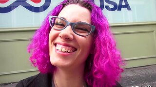 Violet with pink hair enjoys while sucking their way man's cock