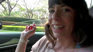 Brunette Vera King enjoys while getting pleasured in the car